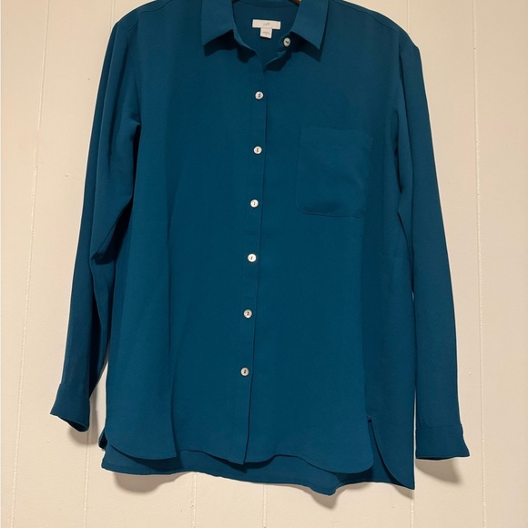 J Jill Polyester Emerald Green Long sleeve button up pleat back top Size Small - Picture 2 of 10